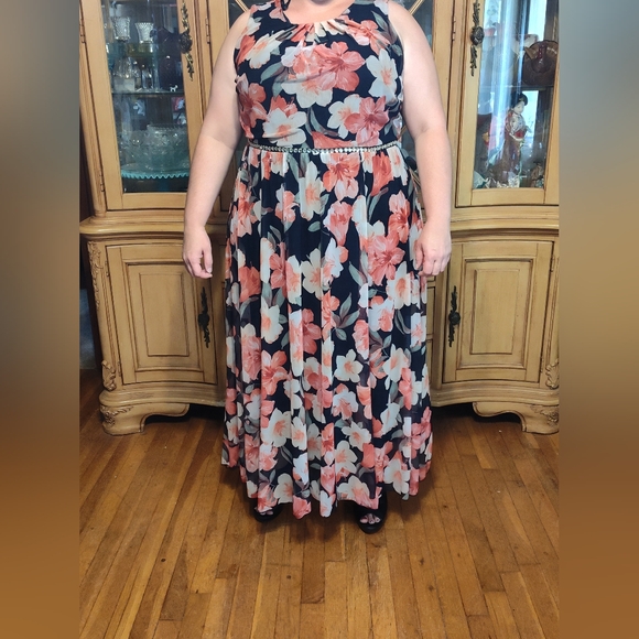 Alex B Nites, Navy floral long dress, Rhinestone waistband, 18W - Picture 1 of 6